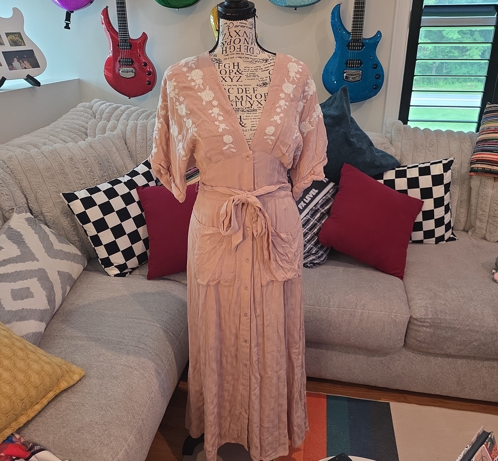 Free People Blush Pink Embroidered Maxi Dress with Waist Tie